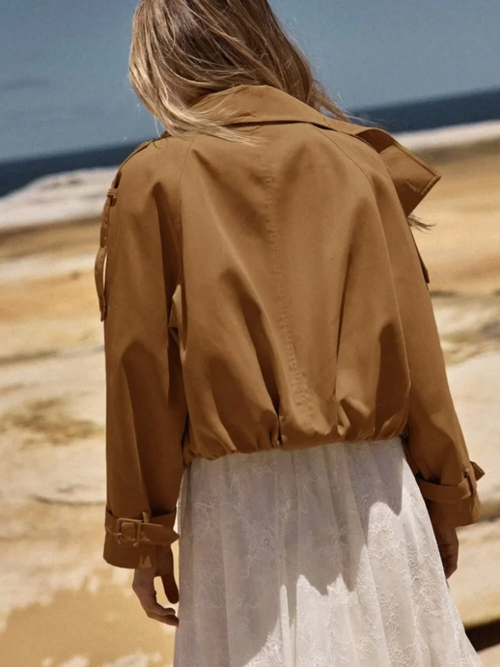 Camel Double-Breasted Cropped Trench Jacket with Belted Cuffs